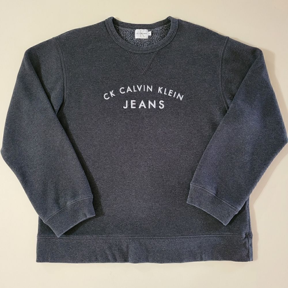Calvin Klein Women's Charcoal Gray Logo Front Crewneck Long Sleeve Sweatshirt